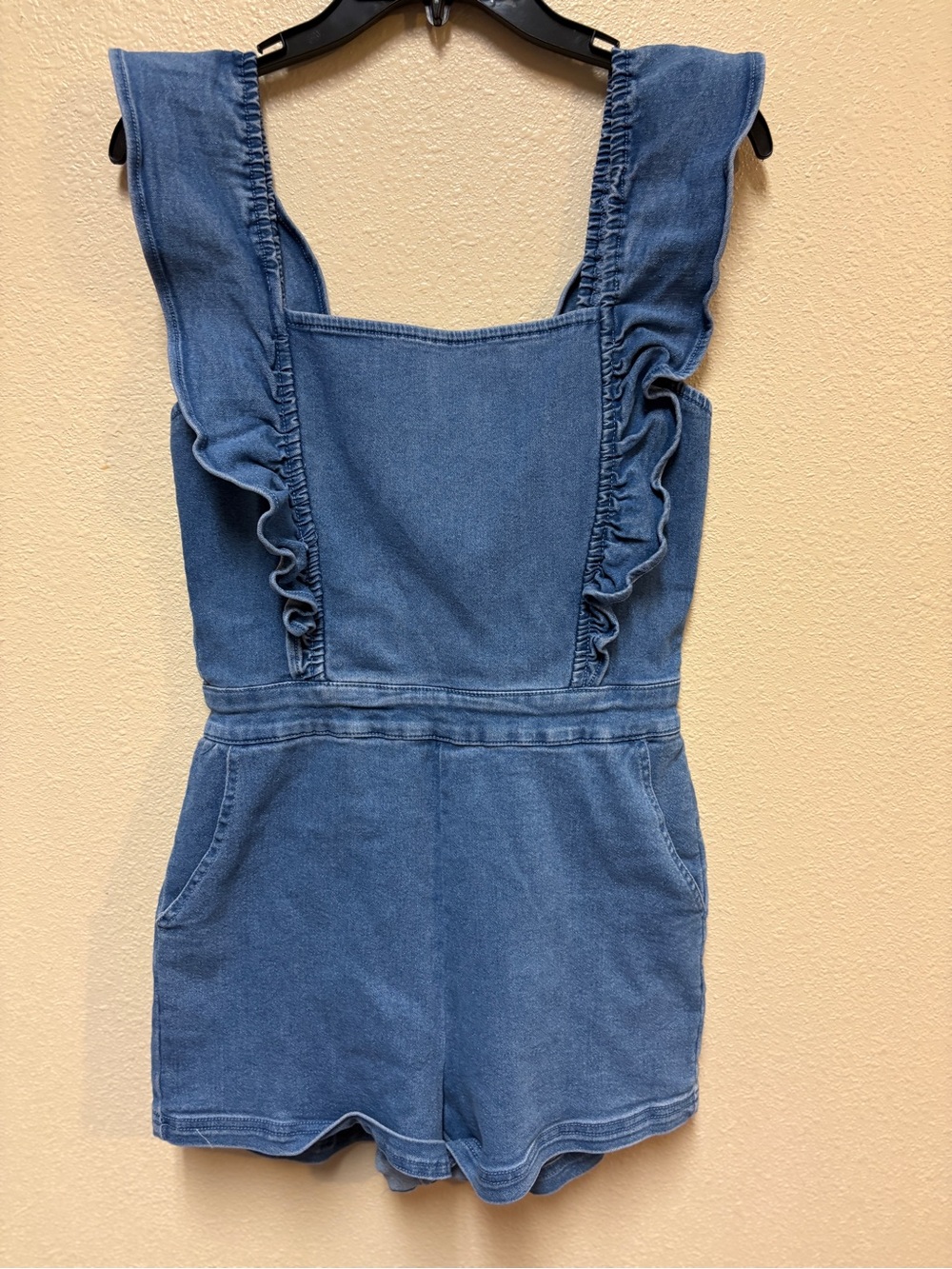 iris Blue Denim-Style Ruffle Strap Romper